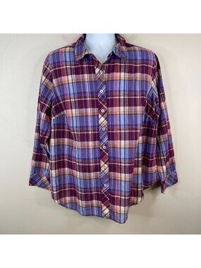 Talbots Plaid Camp Shirt Top 2X Purple Pink Button Up Preppy‎ Casual Everyday